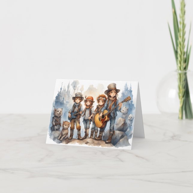 Cartão Banda Jovem Reproduzindo Guitarras Vazio de Pintur (Frente)