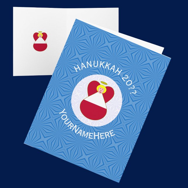 Cartão Bandeira do Anjo Austríaco Hanukkah Personalizada (Hanukkah greeting card with angel wearing Austrian flag. Blue background, white text to personalize.)