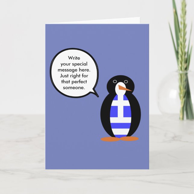 Cartão Bandeira Grega Falando Sra. Pinguim (Frente)