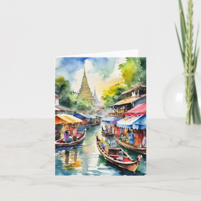 Cartão Bangkok Floating Market Thailand Watercolor (Frente)