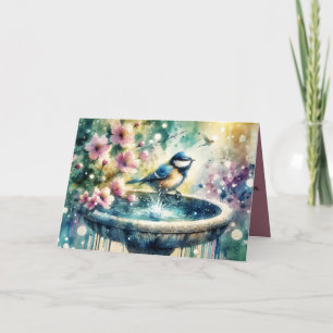 Cartão Banho de Pássaros de Primavera Aquarela
