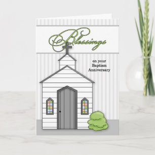 Cartão Baptism Anniversary Blessings Chapel with Stripes