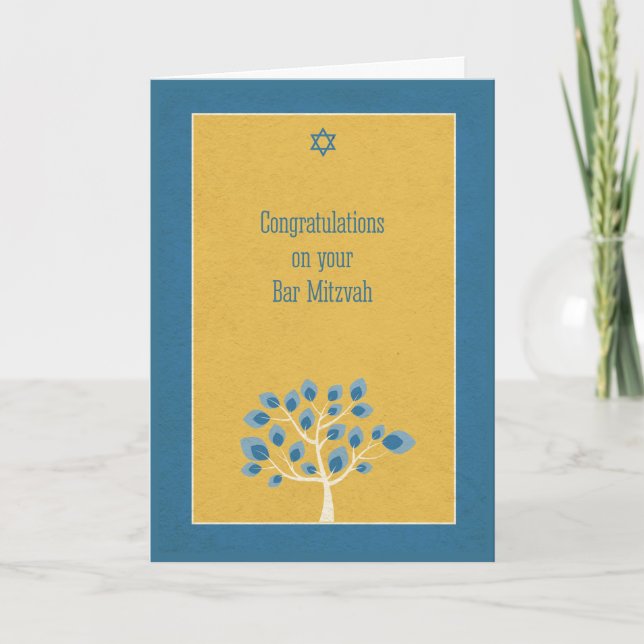Cartão Bar Mitzvah Parabéns, Árvore Azul, Dourado (Frente)