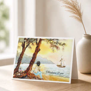 Cartão Barco à Vela Pôr do Sol Aquarela Simpatia