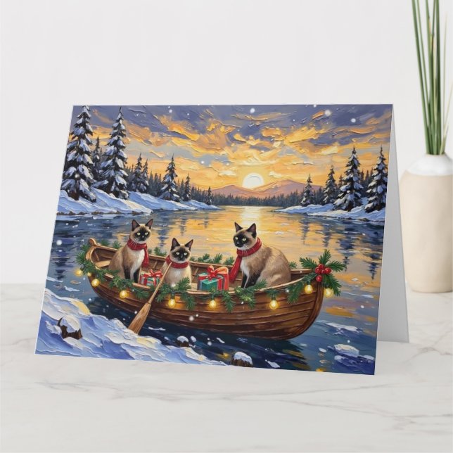 Cartão Barco de Natal do Gato Siames (Frente)