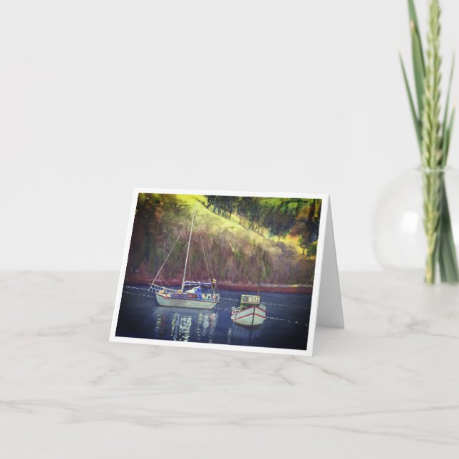 Cartão Barcos à vela numa baía (Frente)