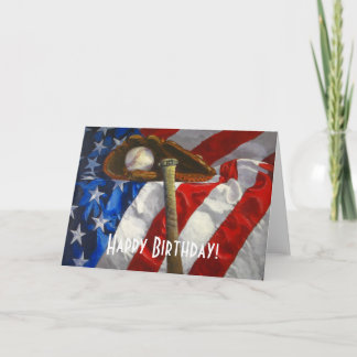 Cartão Baseball, glove, bat & American flag birthday card