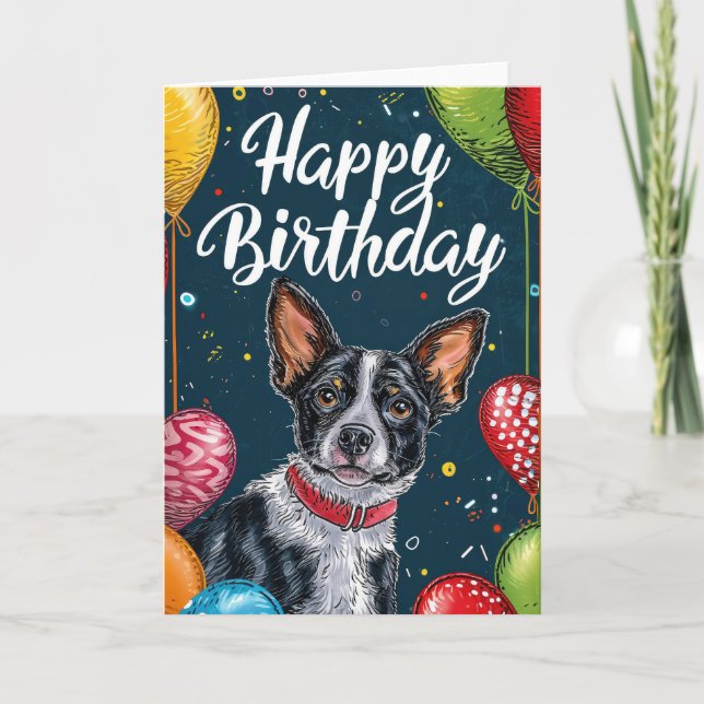 Cartão Basenji com Balões Aniversário (Frente)