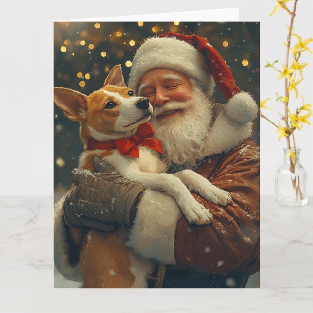 Cartão Basenji com Papai Noel Natal Festivo (Flor Amarela)