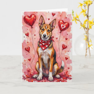 Cartão Basenji Valentine Cachorro Sentado com Corações Ve