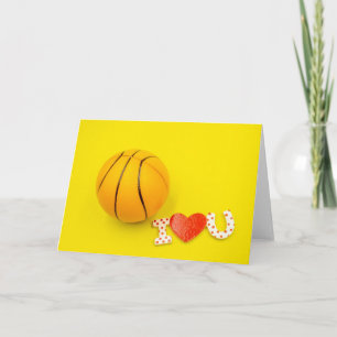 Cartão Basquete eu te amo em fundo amarelo.