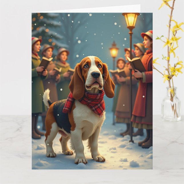 Cartão Basset Hound Christmas Carol Singers Painting (Flor Amarela)