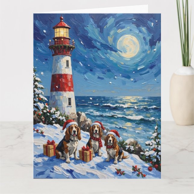 Cartão Basset Hound Christmas Lighthouse Holiday (Frente)