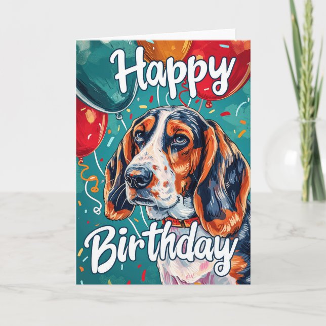 Cartão Basset Hound com Balões - Aniversário (Frente)
