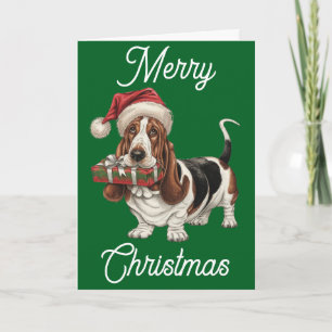 Cartão Basset Hound com chapéu de Papai Noel presente na