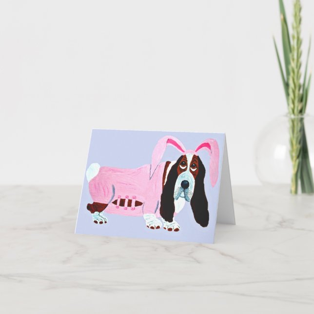 Cartão Basset Hound com Fantasia de Coelho Rosa (Frente)