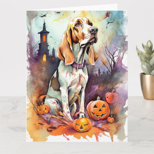 Cartão Basset Hound do Halloween com Abóboras Assustador  (Planta pequena)