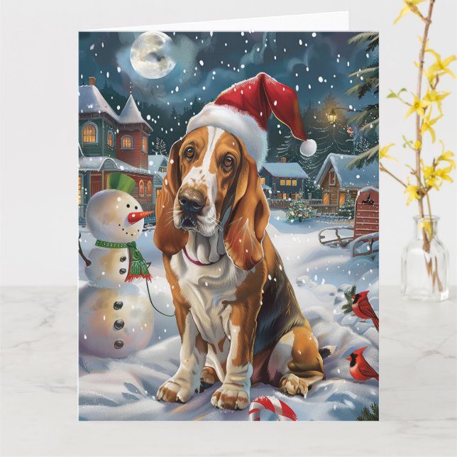 Cartão Basset Hound Dog Winter Wonderland Natal Joy (Flor Amarela)