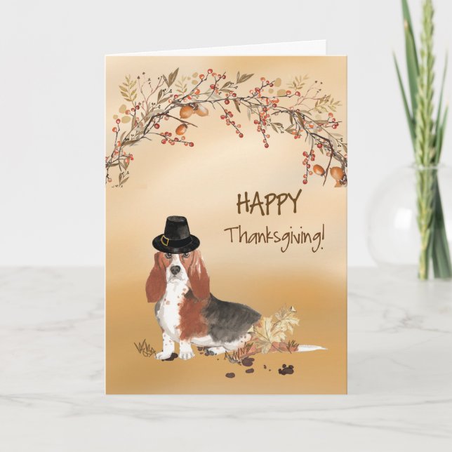 Cartão Basset Hound Engraçado Pilgrim Que Ação De Graças (Frente)