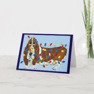 Cartão Basset Hound Enroscado Em Luzes De Natal
