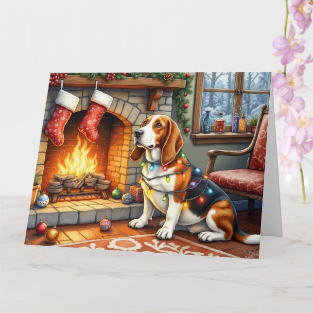 Cartão Basset Hound Fireplace with Christmas Lights (Orquídea)