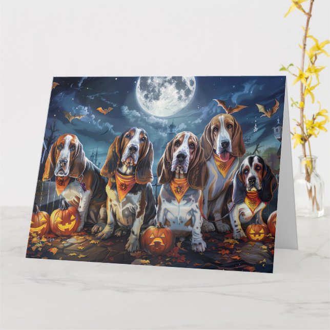 Cartão Basset Hound Halloween Spooky (Flor Amarela)