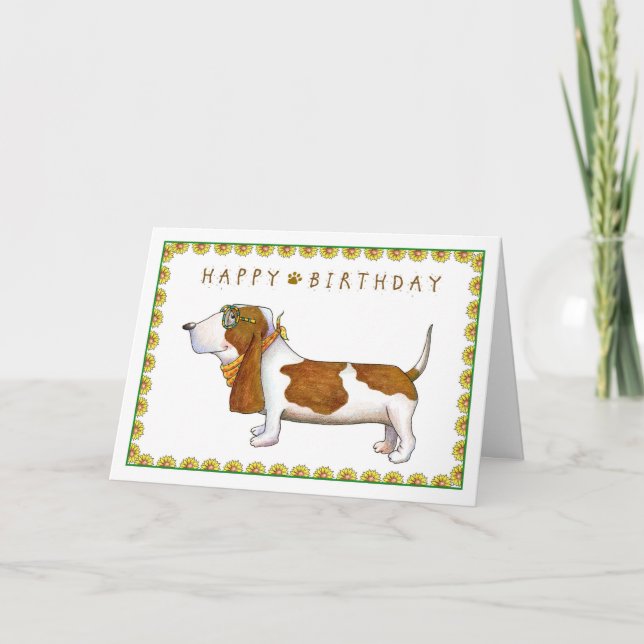 Cartão Basset Hound Happy Birthday (Frente)