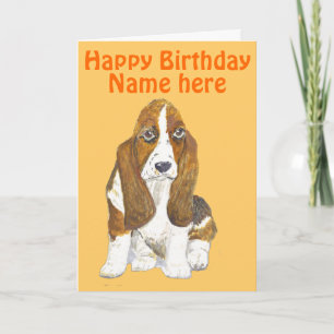 Cartão Basset Hound Happy Birthday, adicione nome frente