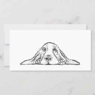 Cartão basset hound preto branco simples olhos de cachorr