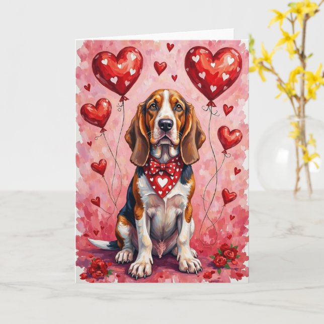Cartão Basset Hound Valentine’s Day Dog with Hearts Red (Flor Amarela)