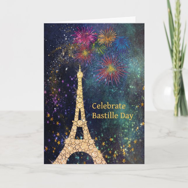 Cartão Bastille Day Card Eiffel Tower, Fireworks, Stars (Frente)