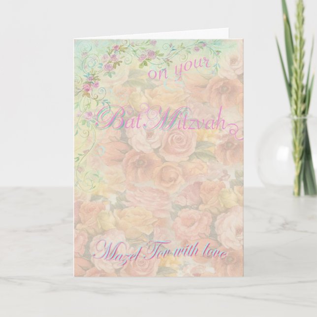 Cartão Bat Mitzvah Romantic Roses Flowing Script Greeting (Frente)