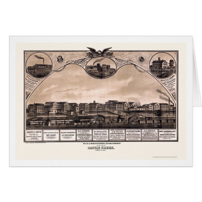 Cartão Battle Creek, mapa panorâmico do MI - 1869 (Frente Horizontal)