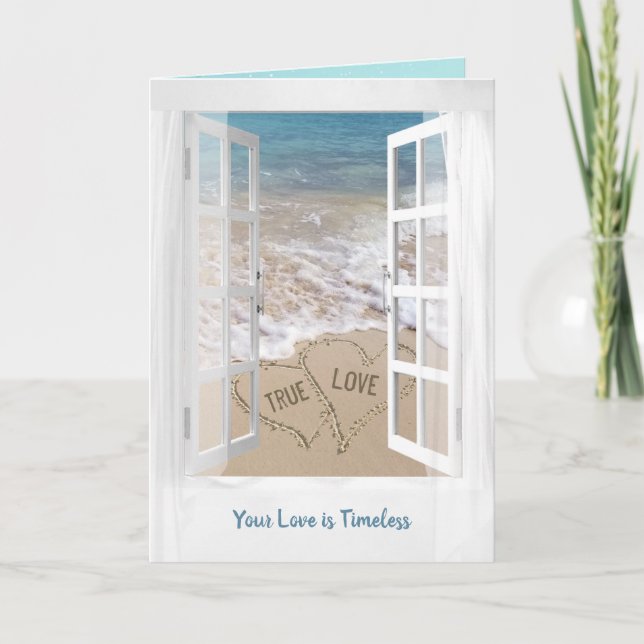 Cartão Beach Hearts in Window for Newlyweds Card (Frente)
