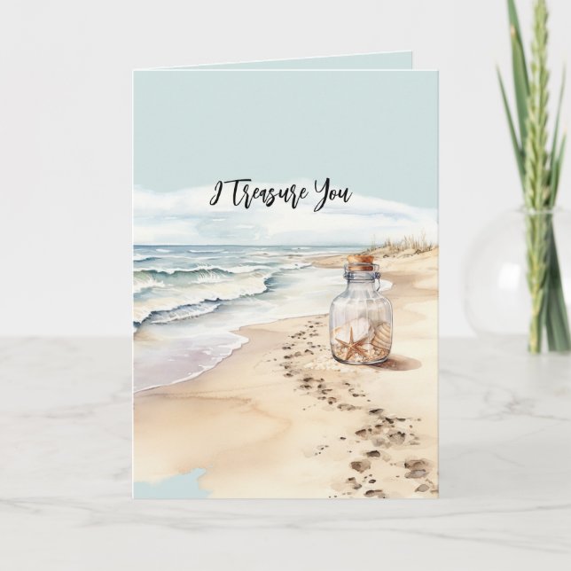 Cartão Beach Sand Starfish Bottle I Treasure You (Frente)