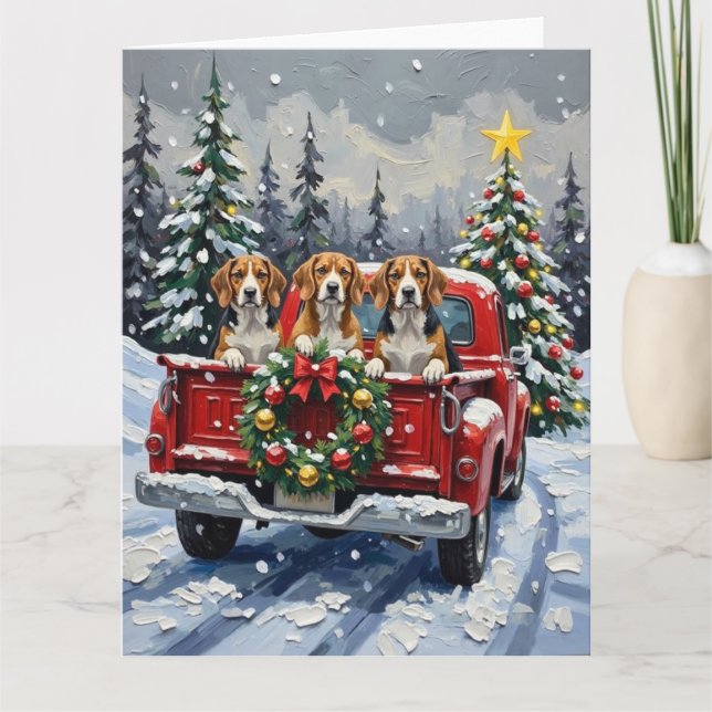 Cartão Beagle Christmas Red Truck Holiday (Frente)
