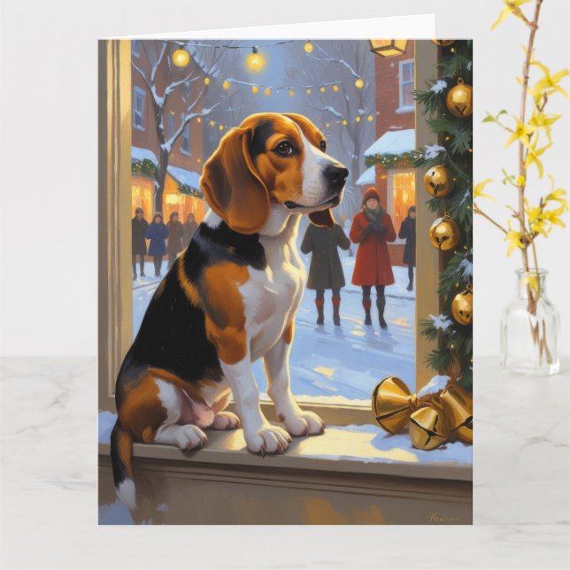Cartão Beagle com Feriado das Luzes de Natal (Flor Amarela)