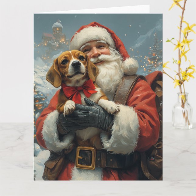 Cartão Beagle com Papai Noel Natal Festivo (Flor Amarela)