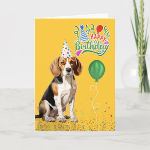 Cartão Beagle Dog em Festa Hat no Aniversário Amarelo