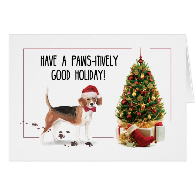 Cartão Beagle Engraçado Cachorro de Natal com Árvore (Frente Horizontal)