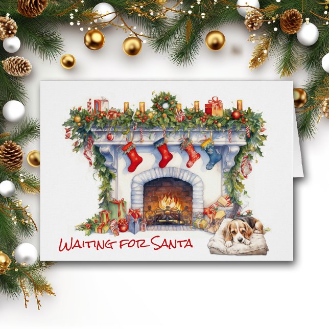 Cartão Beagle Puppy Lareira de Natal Esperar por Papais n (Criador carregado)
