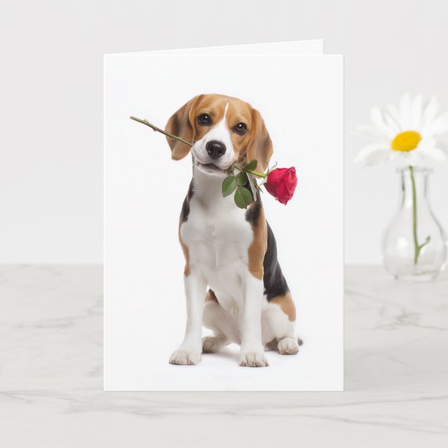 Cartão Beagle Valentine – Amor Leal com uma Rosa (Planta pequena)