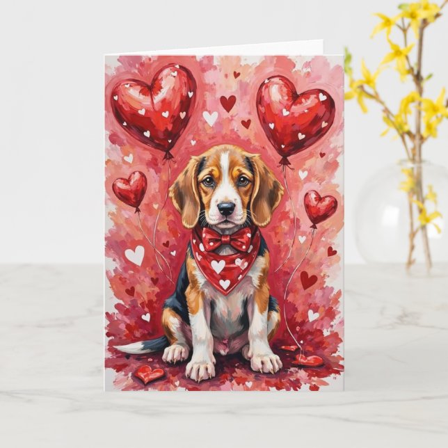 Cartão Beagle Valentine’s Day Dog with Hearts Red (Flor Amarela)