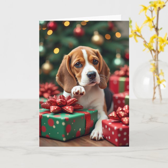 Cartão Beagle Wrapping Gifts Christmas Painting (Flor Amarela)