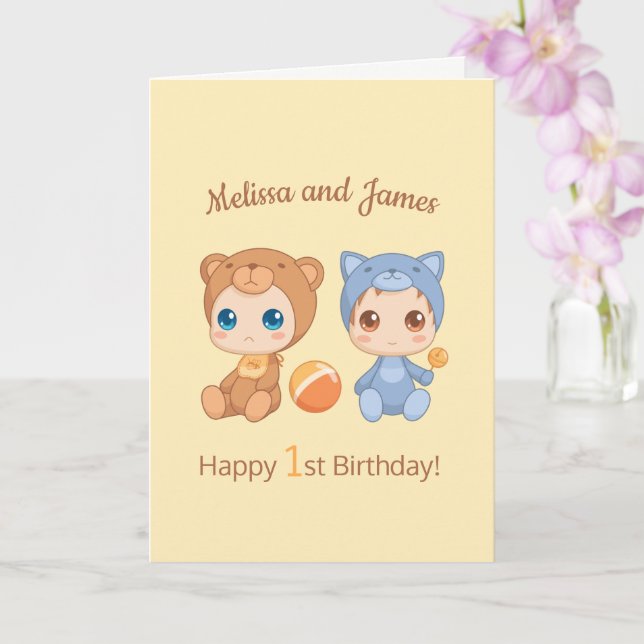 Cartão Bear Bear Cat Gemora Primeiro Aniversário Vazio Am (Orquídea)