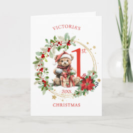 Cartão Bear Poinsettia Foliage Bebê Primeiro Natal