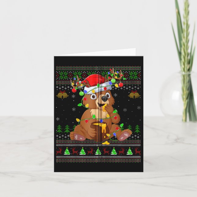 Cartão Bear Ugly Sweater Xmas Luz Santa Hat Bear Chris (Frente)