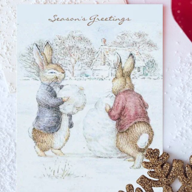Cartão Beatrix Potter Snowman e Bunnies Holiday (Criador carregado)