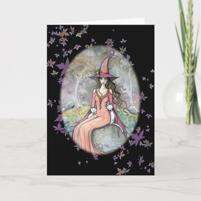 Cartão Beautifu Halloween Witch White Cat Card (Frente)