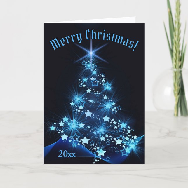 Cartão Beautiful Blue Shinning Stars on Christmas Tree   (Frente)